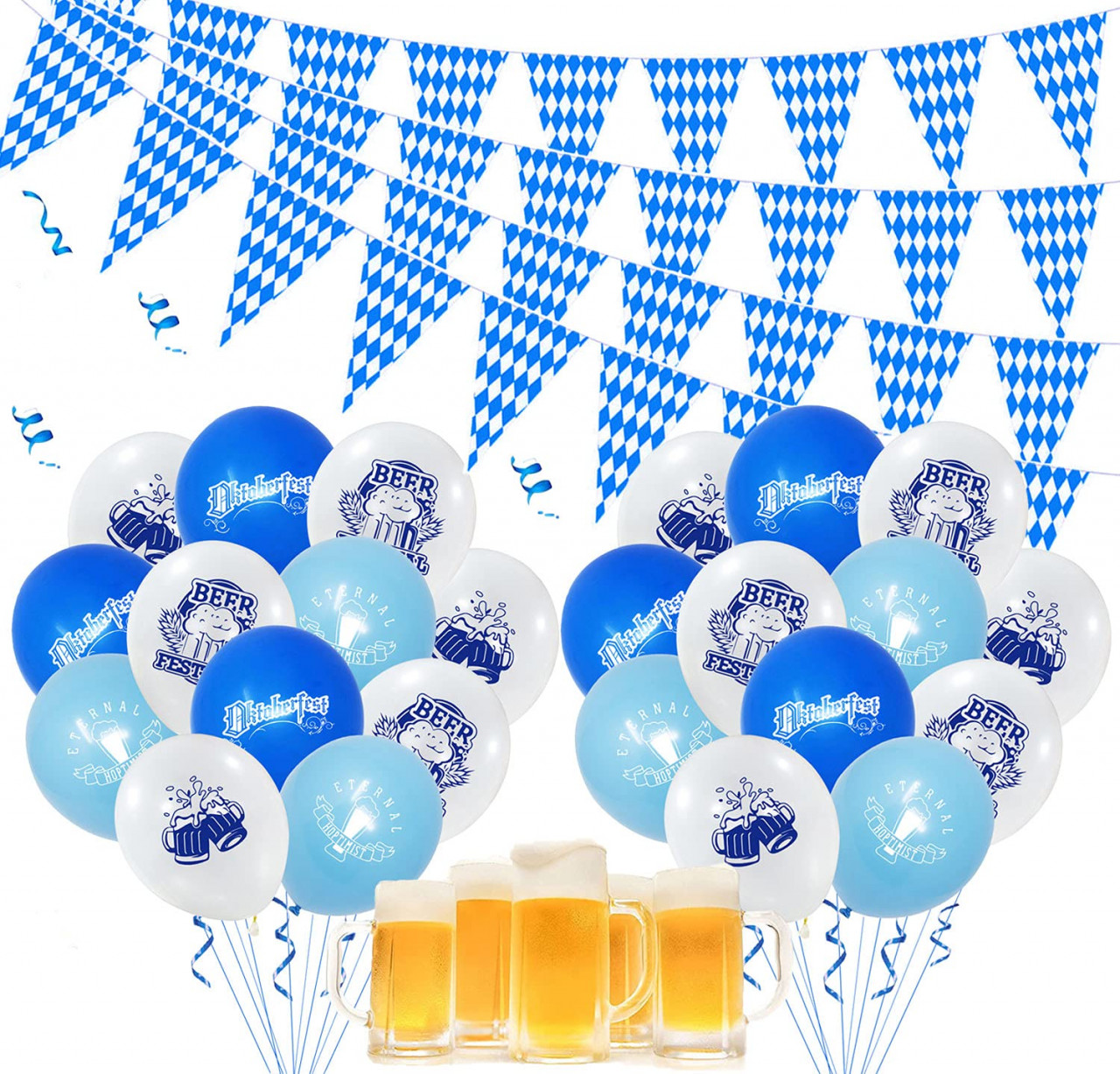 Set de 20 baloane si 36 fanioane Xiaotu, polietilena, albastru/alb