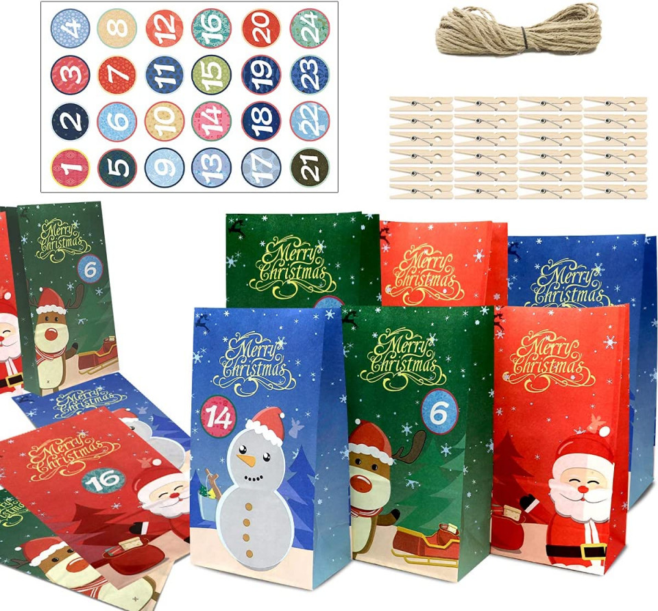 Set de 24 pungi cu autocolante si clips pentru calendar de Advent WEYON, hartie/lemn/textil, multicolor, 15 x 9 x 27 cm