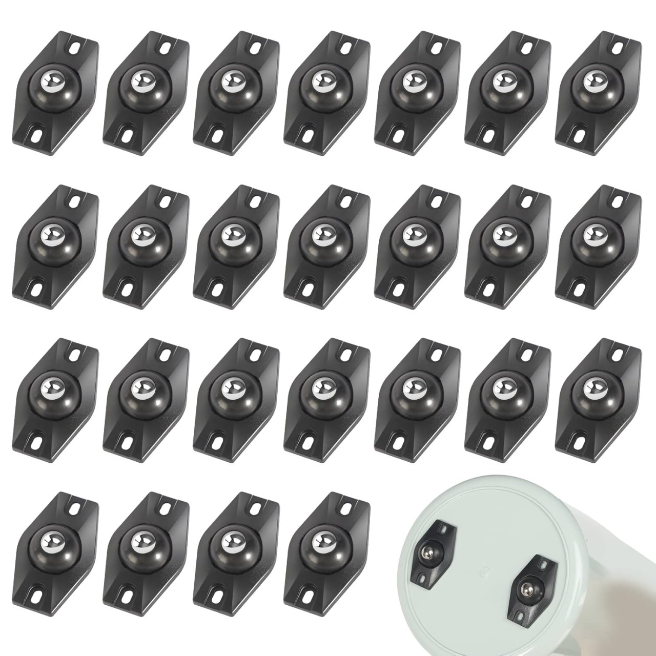 Set de 25 roti autoadezive pentru mobilier Caincay, ABS/otel, negru, 4,5 x 2,8 x 1,4 cm