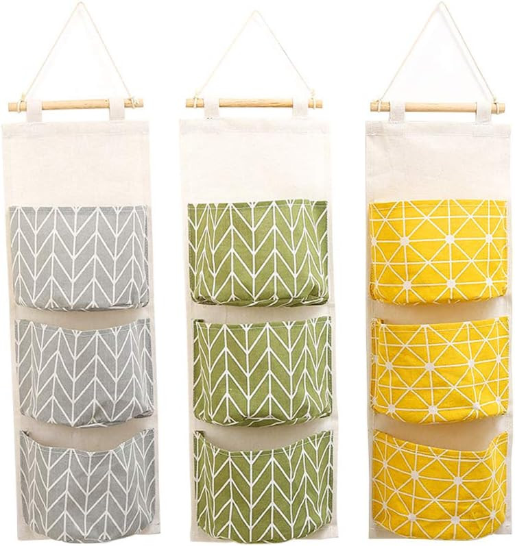 Set de 3 organizatoare suspendate Creatiees, textil/lemn, multicolor, 30 x 67 cm