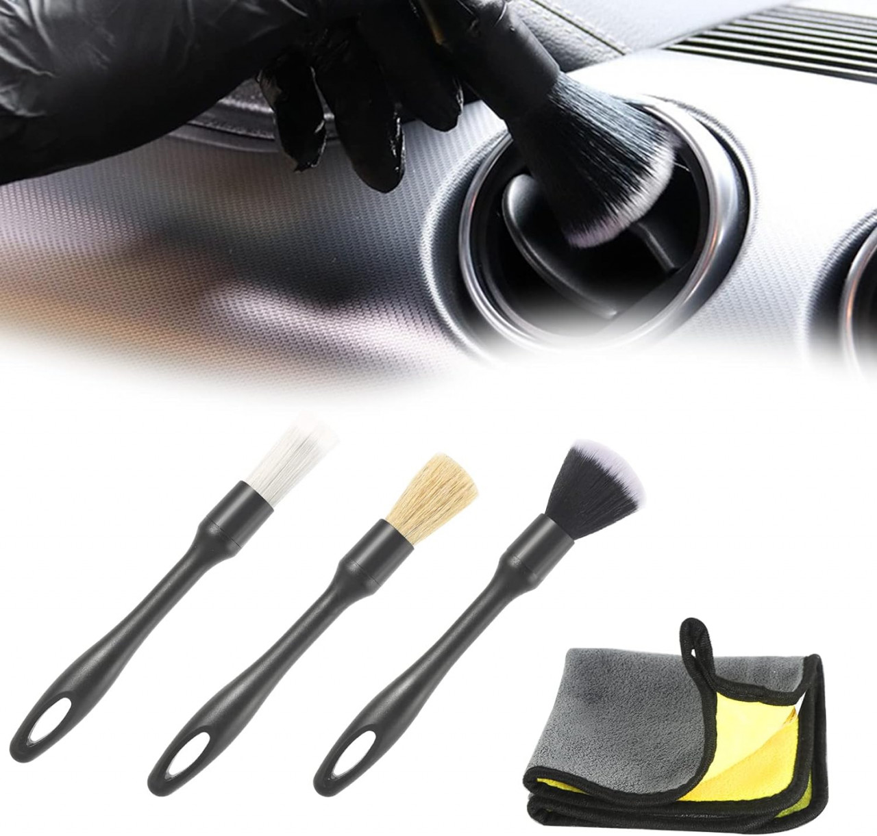 Set de 3 perii si o carpa pentru detailing auto FASBET, textil/par/ABS, multicolor