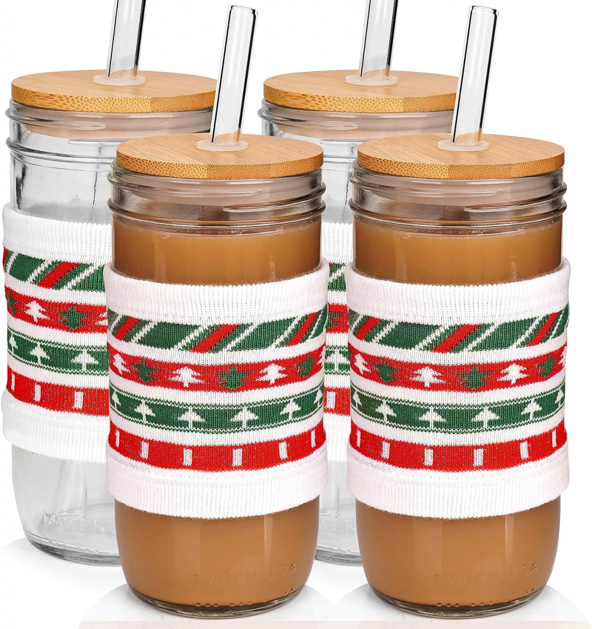 Set de 4 cani de cafea cu capac si manson pentru Craciun ANOTION , sticla/bambus/textil, multicolor, 8 x 18 cm