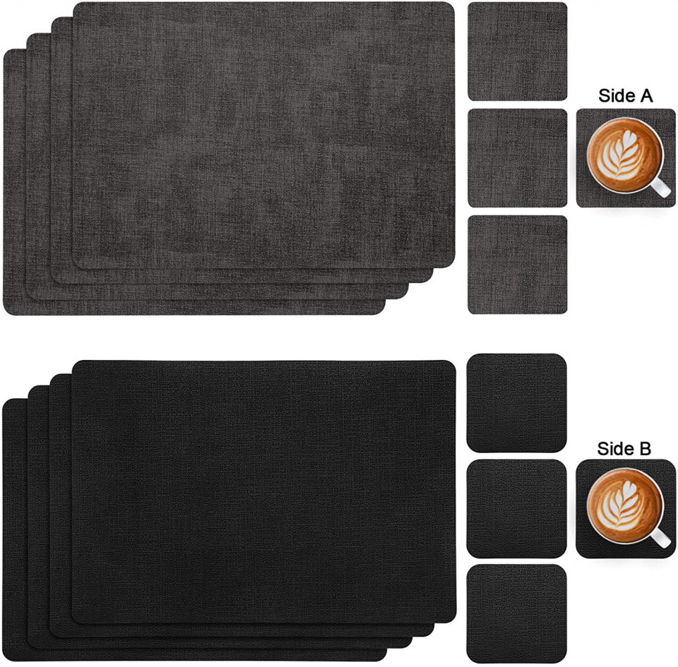Poze Set de 4 naproane si 4 coastere Myir JUN, piele, negru/gri, 30 x 43 cm / 10 x 10 cm