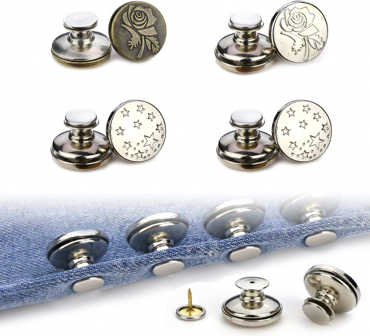 Set de 4 nasturi pentru blugi Lohas Select, metal, argintiu