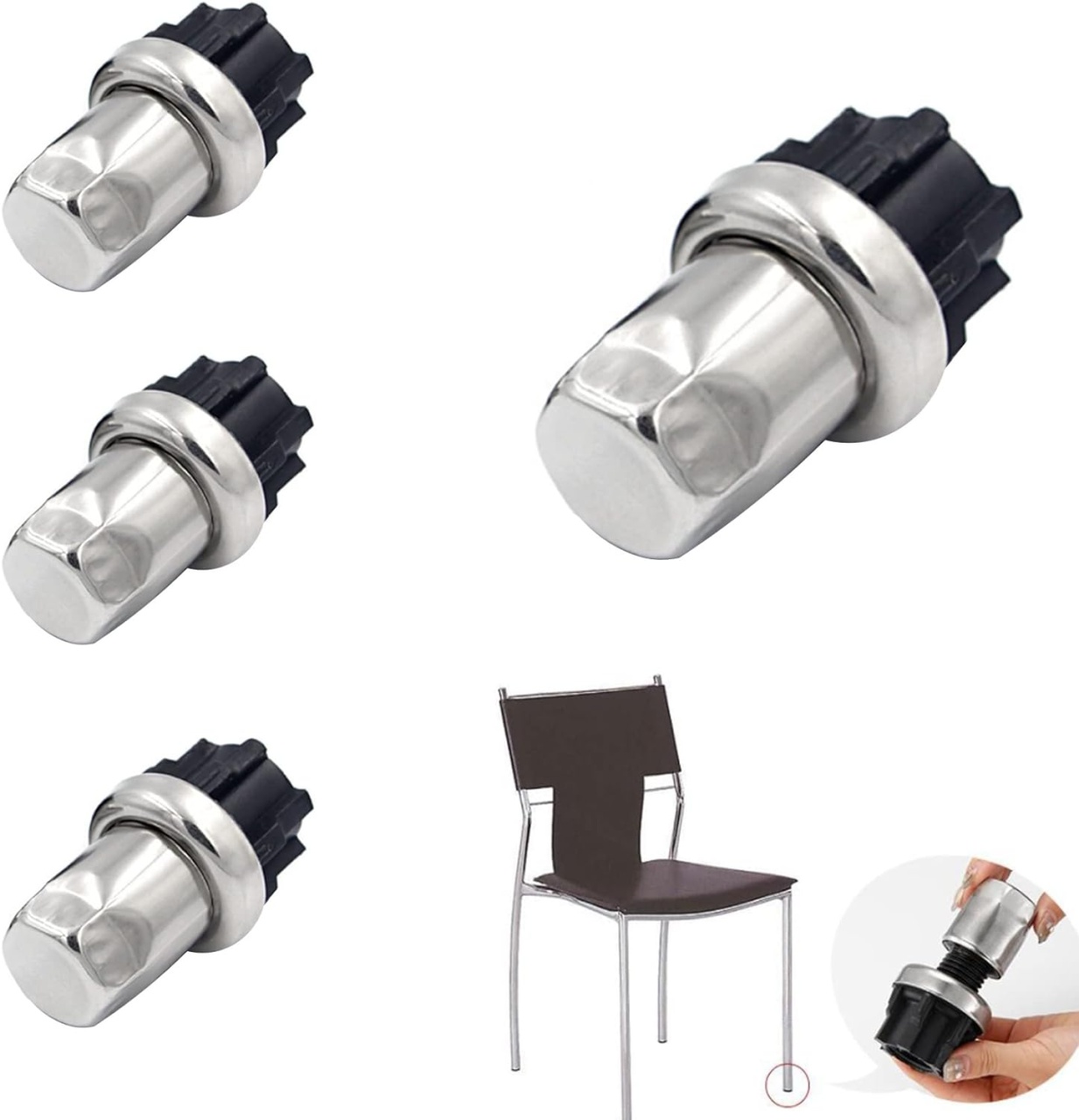 Set de 4 picioare reglabile pentru mobilier ND, otel inoxidabil, argintiu/negru, 6,4 x 3,2 cm