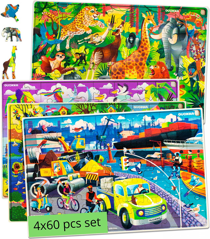 Set de 4 puzzle-uri cu 60 de piese Quokka, lemn, multicolor Articole