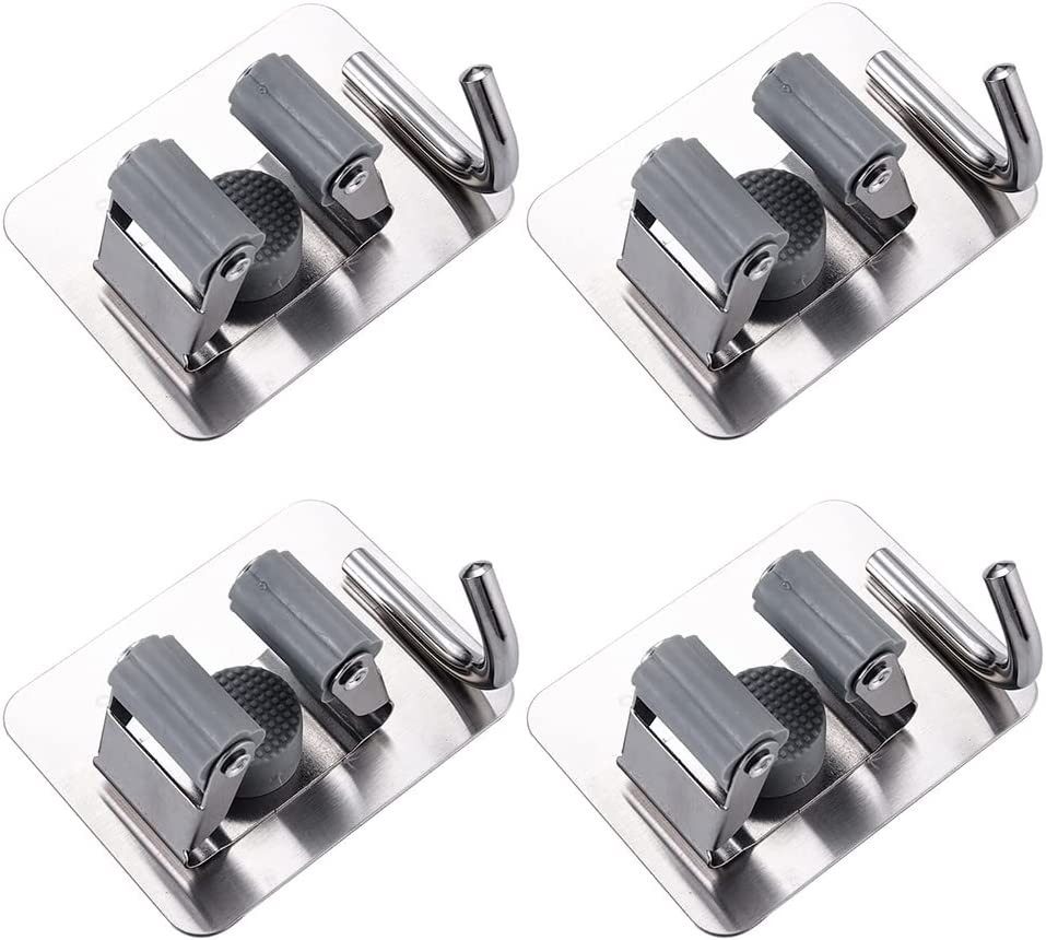 Set de 4 suporturi autoadezive pentru matura/mop Ropniik, otel inoxidabil, argintiu, 6,5 x 8,5 cm