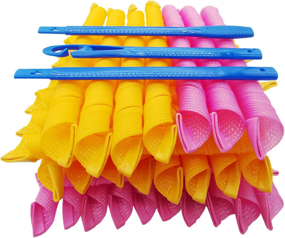 Set de 40 bigudiuri de par pentru noapte Bainuojia, plastic, roz/galben/albastru, 55 cm