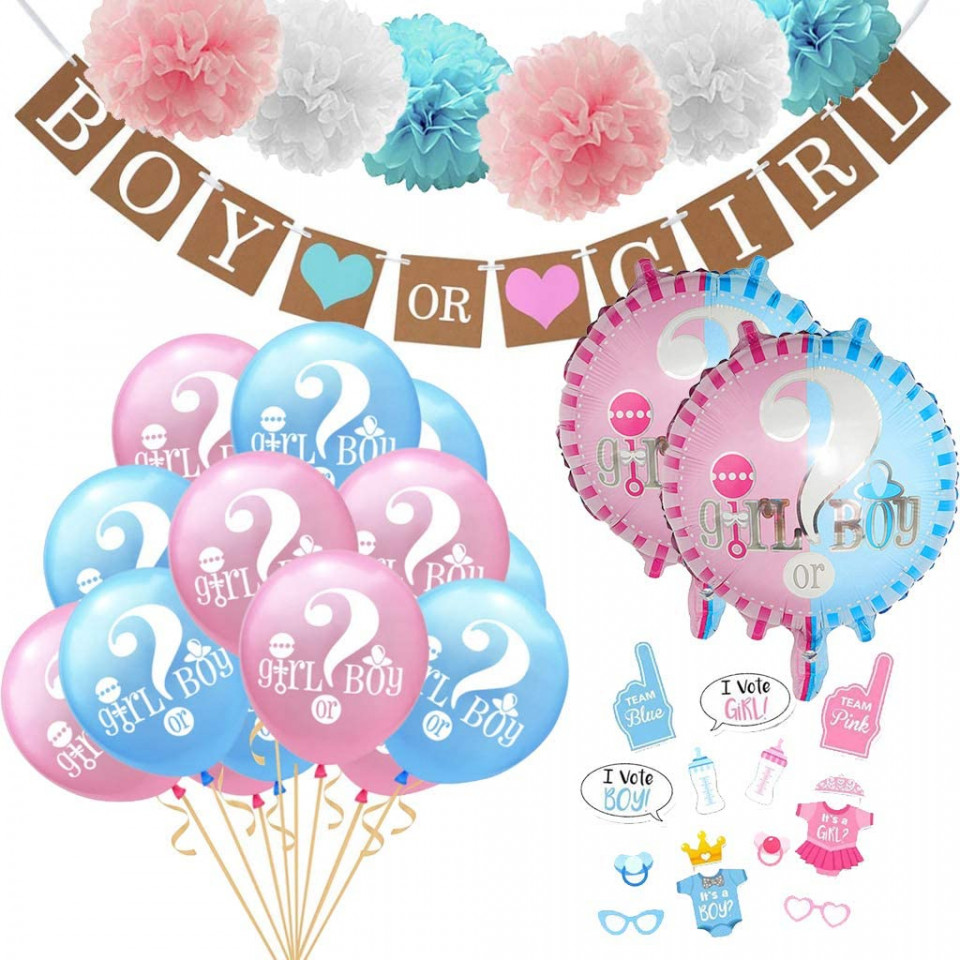 Set de 49 accesorii pentru petrecere anunt sarcina Amycute, roz/albastru, latex/hartie