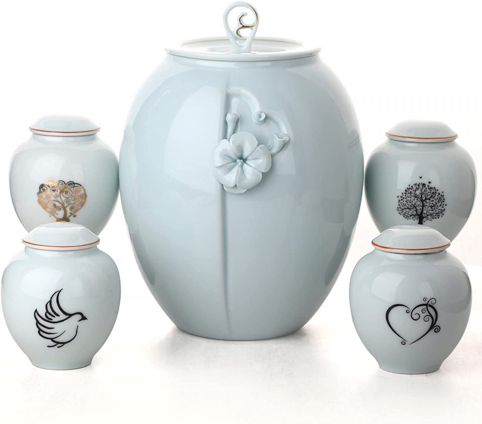 Set de 5 urne pentru cenusa umana PIOSRTRR, ceramica, verde, 2,4 L/ 110 ml, 110
