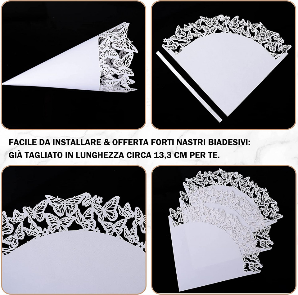 Poze Set de 50 conuri pentru nunta Wolfteeth, alb, hartie, model fluture, 14 x 14 cm