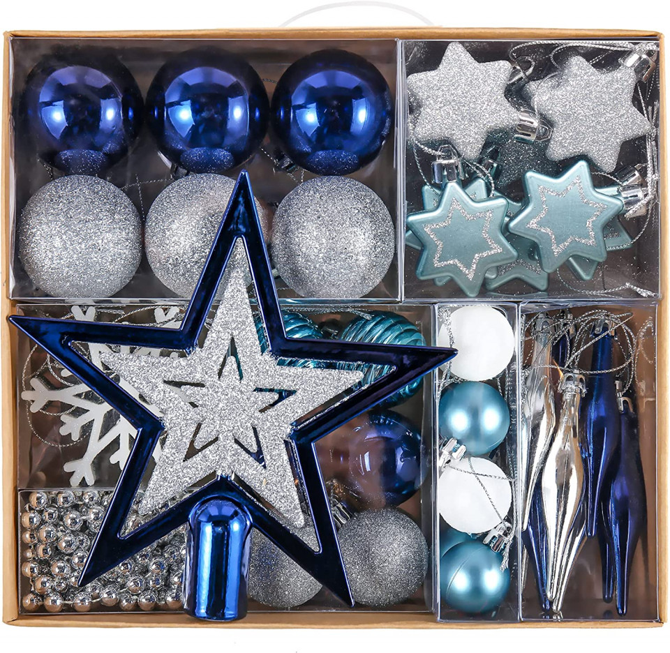 Set de 52 ornamente de Craciun Valery Madelyn, plastic, argintiu/alb/albastru