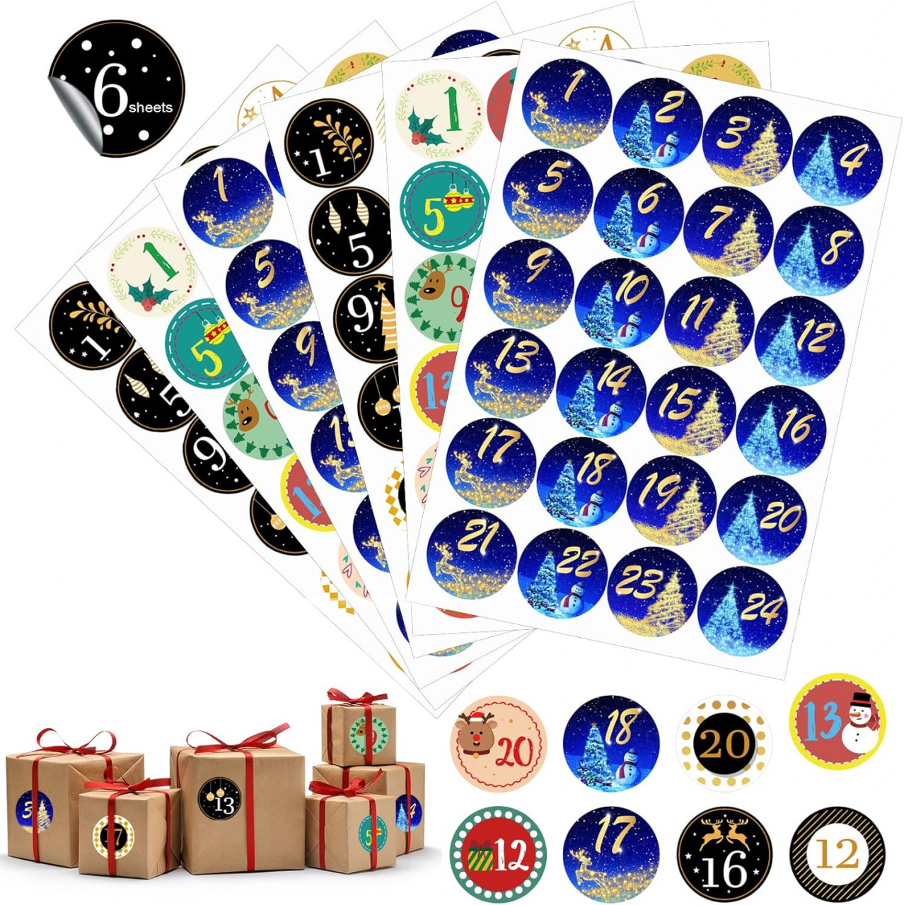Set de 6 foi cu stickere pentru Craciun Osiaga, hartie, multicolor, 4,5 cm