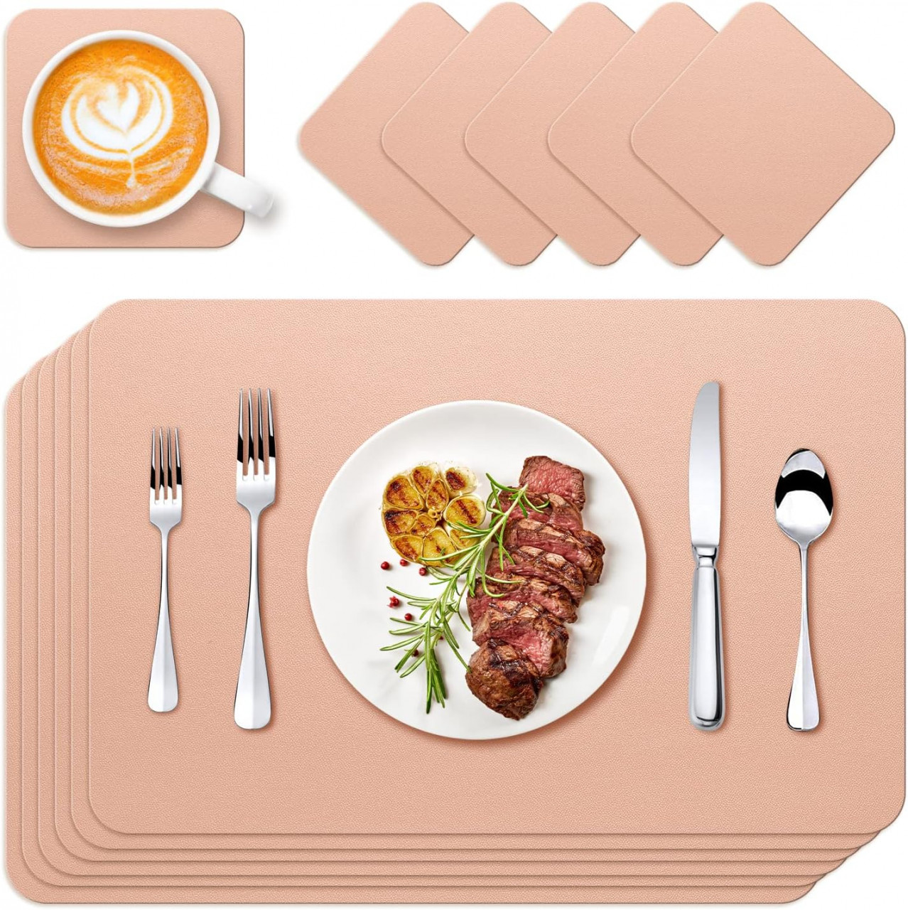 Set de 6 naproane pentru tacamuri/farfurii si 6 naproane pentru pahare Hinor, piele PU, roz, 40.5 x 31 cm