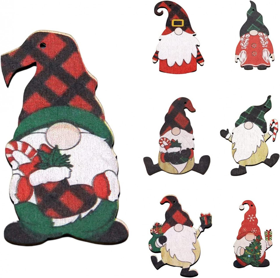 Set de 7 decoratiuni de Craciun DYWW, lemn, multicolor, 9 x 8 cm