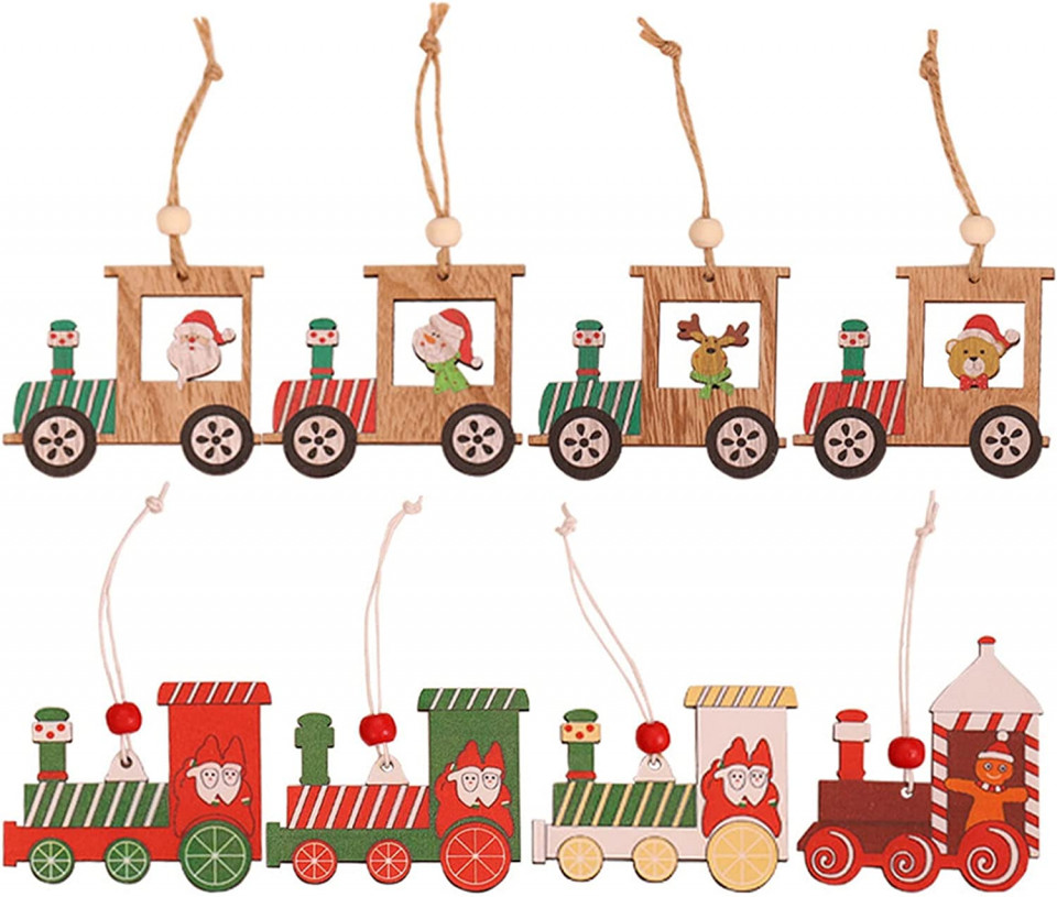 Set de 8 decoratiuni pentru bradul de Craciun DYWW, lemn, multicolor, 6,5 x 8 cm / 6 x 7,5 cm / 8 x 7 cm