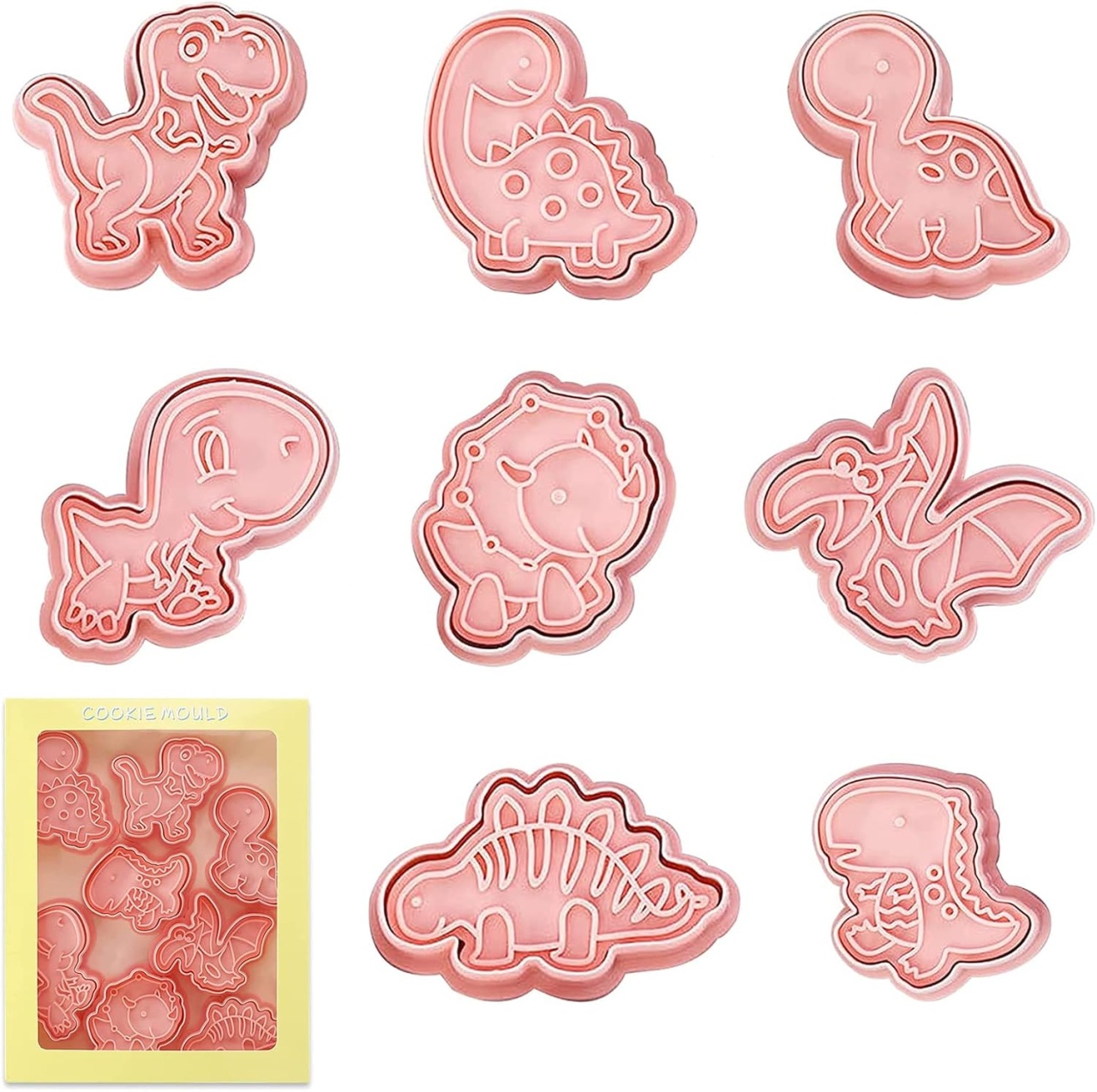 Set de 8 forme pentru biscuiti Veaoiy, model dinozauri, polipropilena, roz