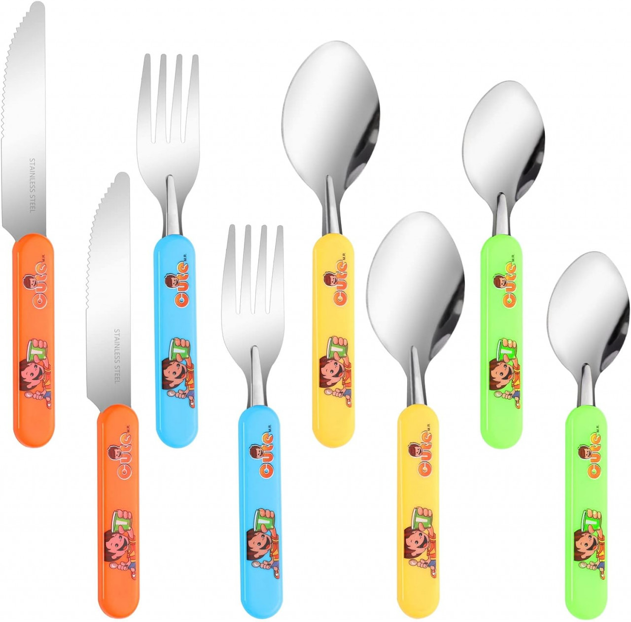 Set de 8 tacamuri pentru copii Paefiu, otel inoxidabil/plastic, multicolor, 13,6-16,5 cm