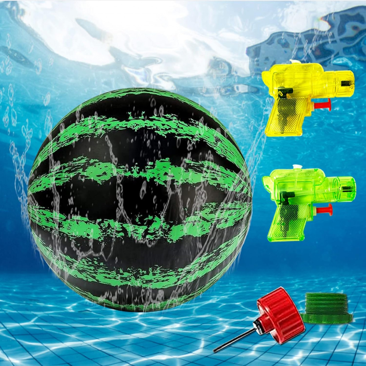 Set de minge subacvatica si doua pistoale cu apa pentru jocuri la piscina BARVERE, PVC, multicolor, 23 cm