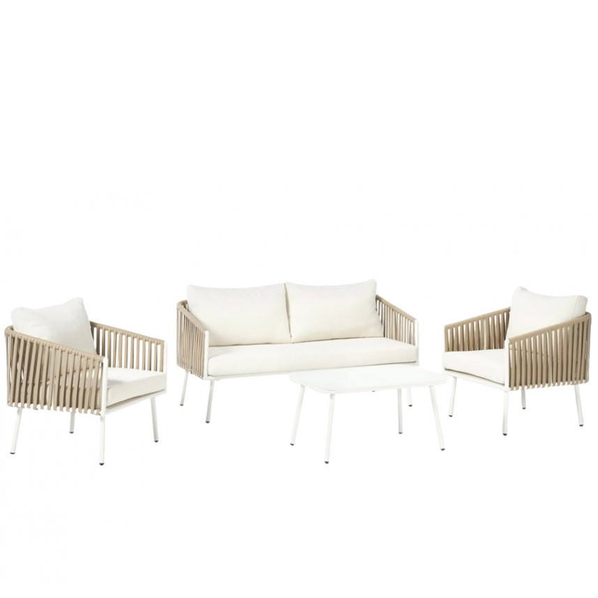 Set de mobilier pentru gradina Malo, 2 fotolii, canapea si o masa, aluminiu/sticla/poliester, alb/bej deschis alb/bej
