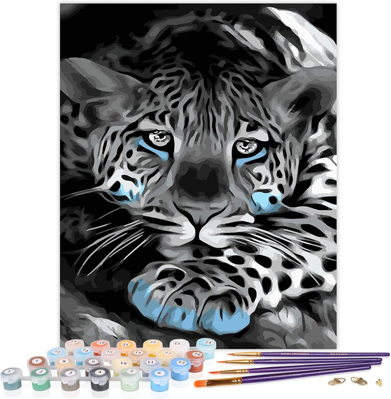 Set de pictura cu numere Kealux, vopsea acrilica, model leopard, alb/gri/negru, 40 x 50 cm