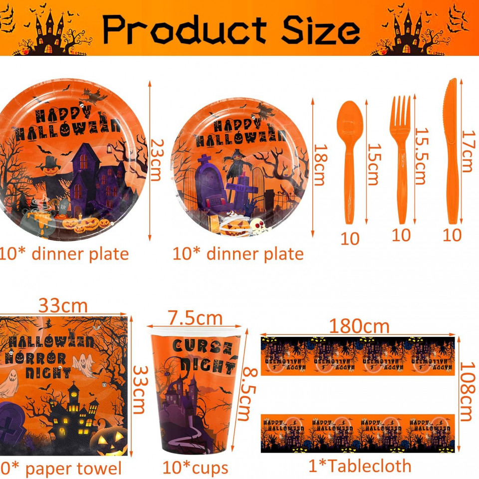 Poze Set de tacamuri pentru petrecere Halloween Miotlsy, carton/polietilena, portocaliu, 81 piese, 10 persoane
