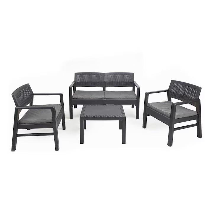 Set gradina/terasa, Progarden, KILIMANJARO, 4 piese, polipropilena, antracit, canapea 2 locuri 121x58x74 cm, 2 scaune 63x58x74 cm, masa 59x46x40 cm,