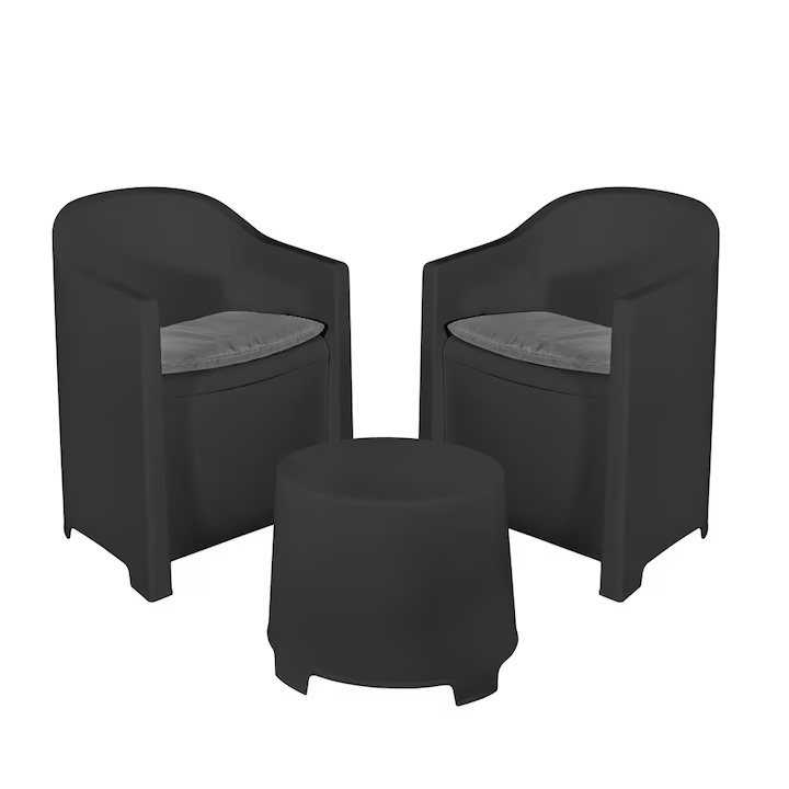 Set mobilier gradina/terasa, Progarden, LUNA, 3 piese, poliropilena, antracit, 2 fotolii 53x59x75 cm, masa 41x35x38 cm, cu perne incluse, Resigilat,