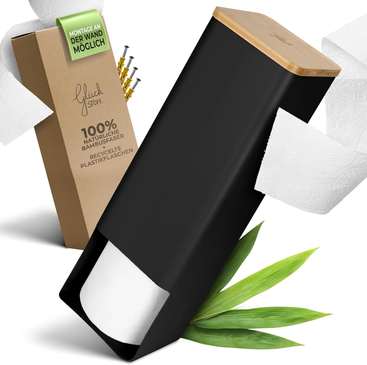 Suport pentru hartie igienica Glückstoff, plastic/bambus, negru, 43 x 14 x 2,51 cm