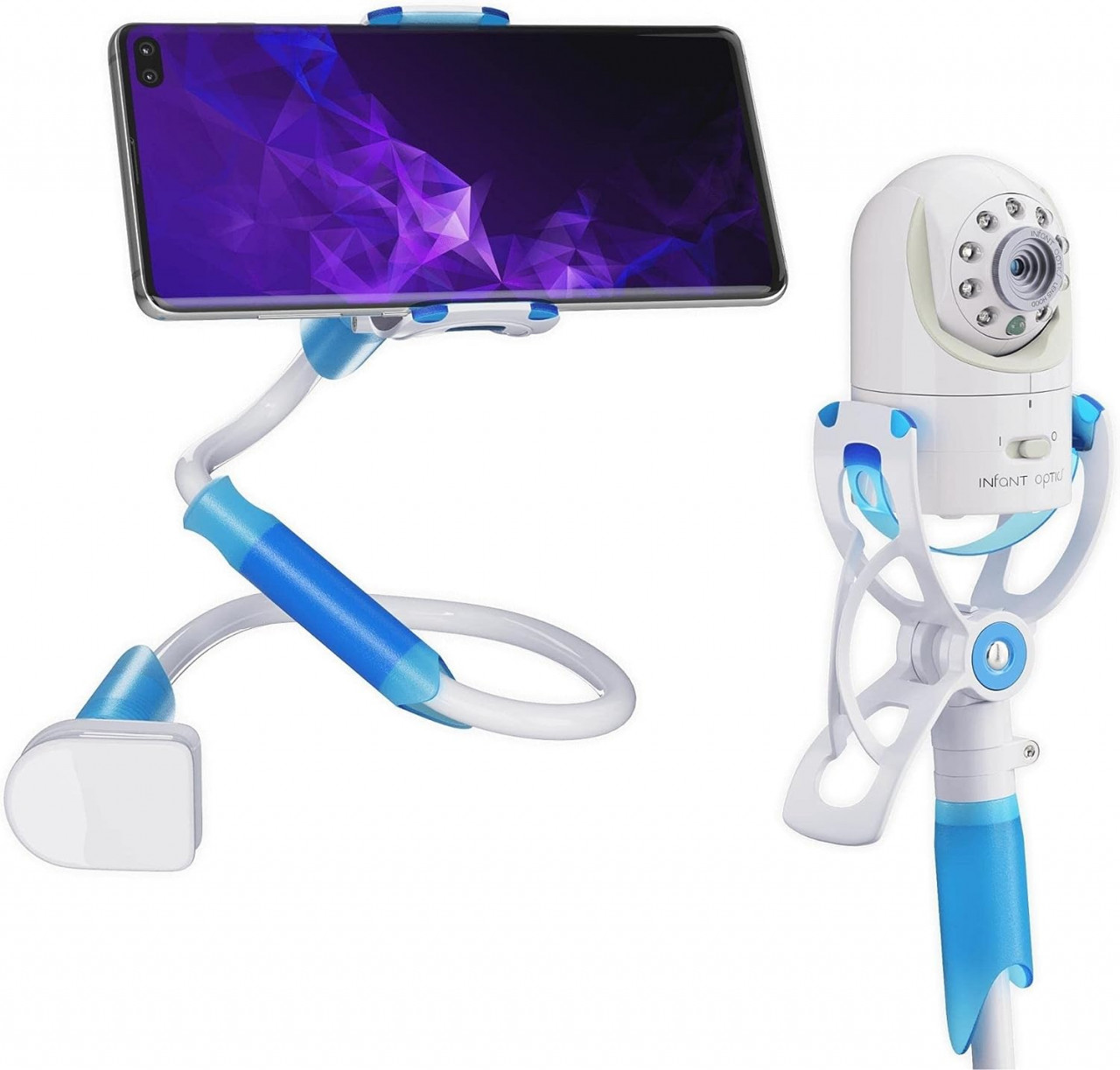 Suport pentru telefon/camera video BearTop, metal/plastic, alb/albastru, 85 cm