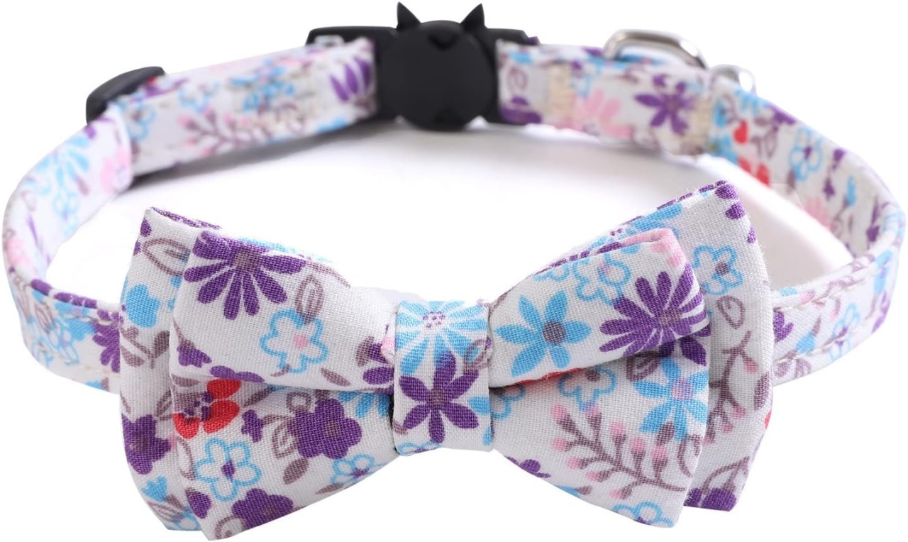 Zgarda cu fundita pentru pisici Yiwong, model floral, textil/plastic, multicolor, 15-28 cm