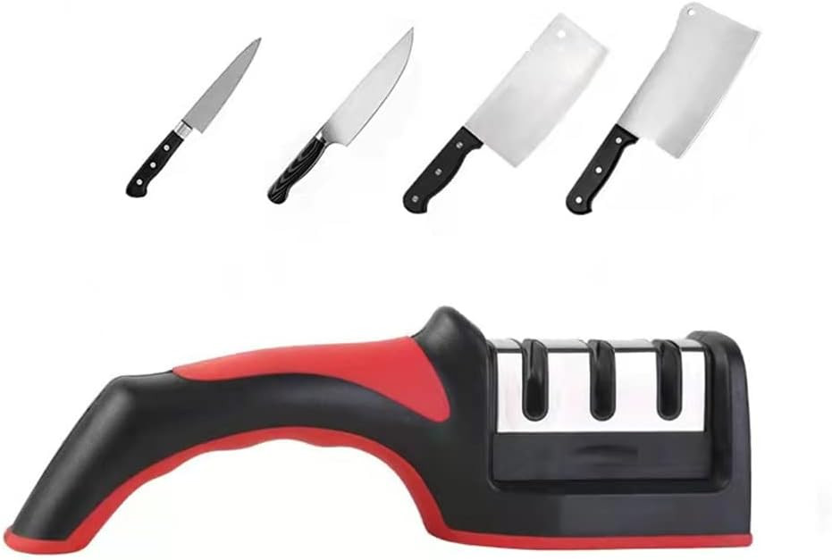 Ascutitor pentru cutite Maduoer, plastic/otel inoxidabil, rosu/argintiu/negru, 21 x 6 cm