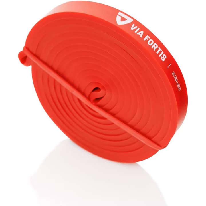 Banda elastica lunga VIA FORTIS, Ultra Light, de rezistenta, premium, ghid de exerciti, geanta depozitare, pentru fitness, antrenament, Rosu, 4-12