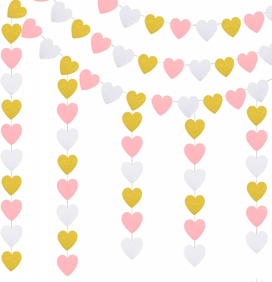 Poze Banner cu inimioare ZERHOK, alb/roz/auriu, hartie, 3 m