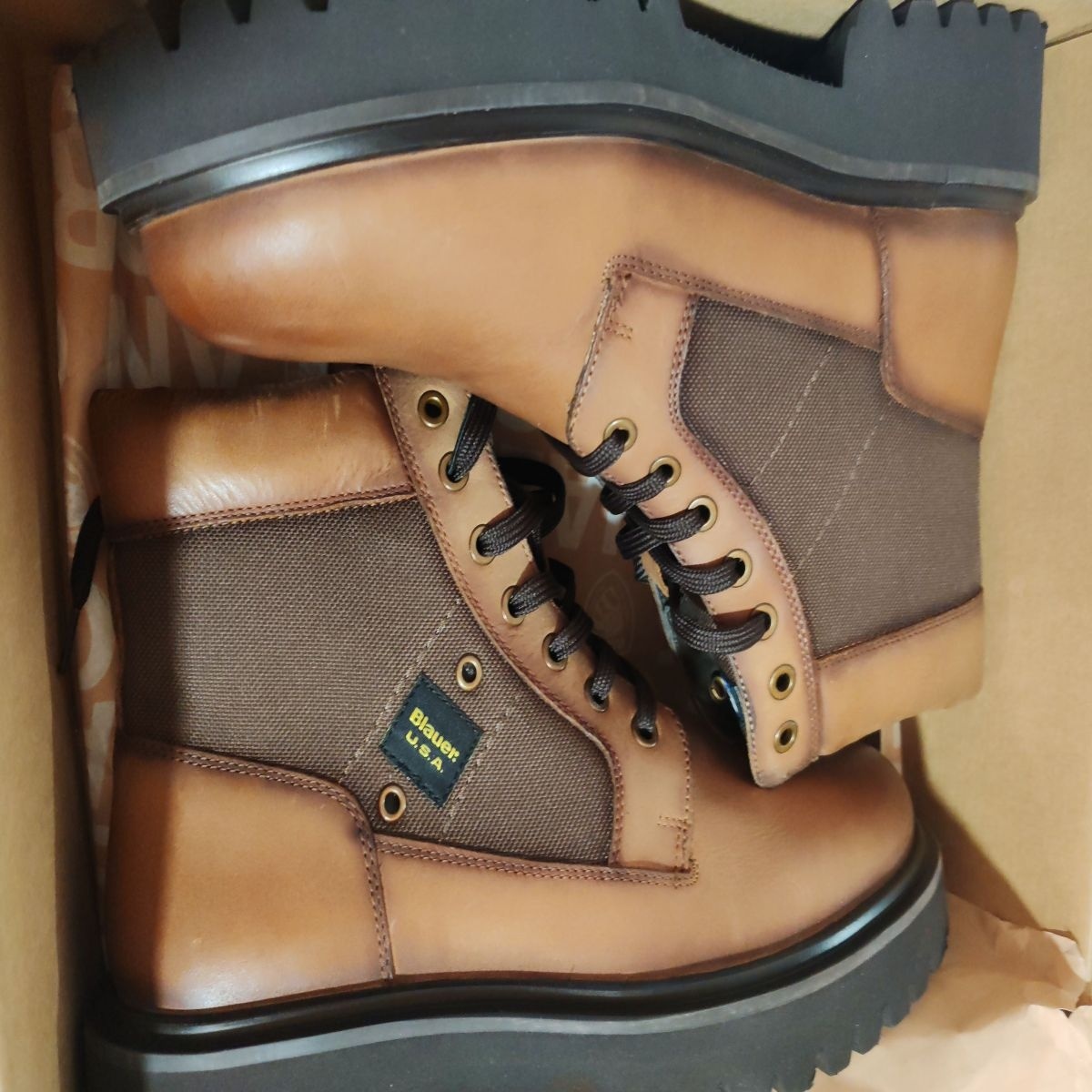 Blauer, Ghete de piele cu insertii textile Buxton, Maro cognac, 44, Resigilat, Grad A