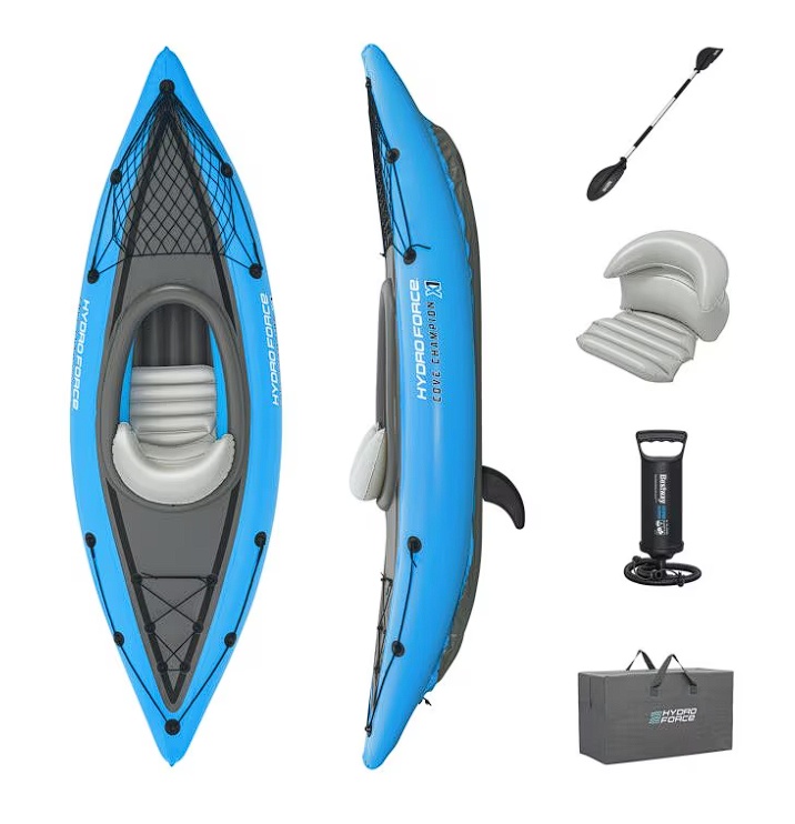 Caiac 1 persoana Bestway Cove champion, greutate maxim suportata 100kg, 275 x 81 x 45 cm, 1 padela de aluminiu de 230cm, pompa manuala inclusa,