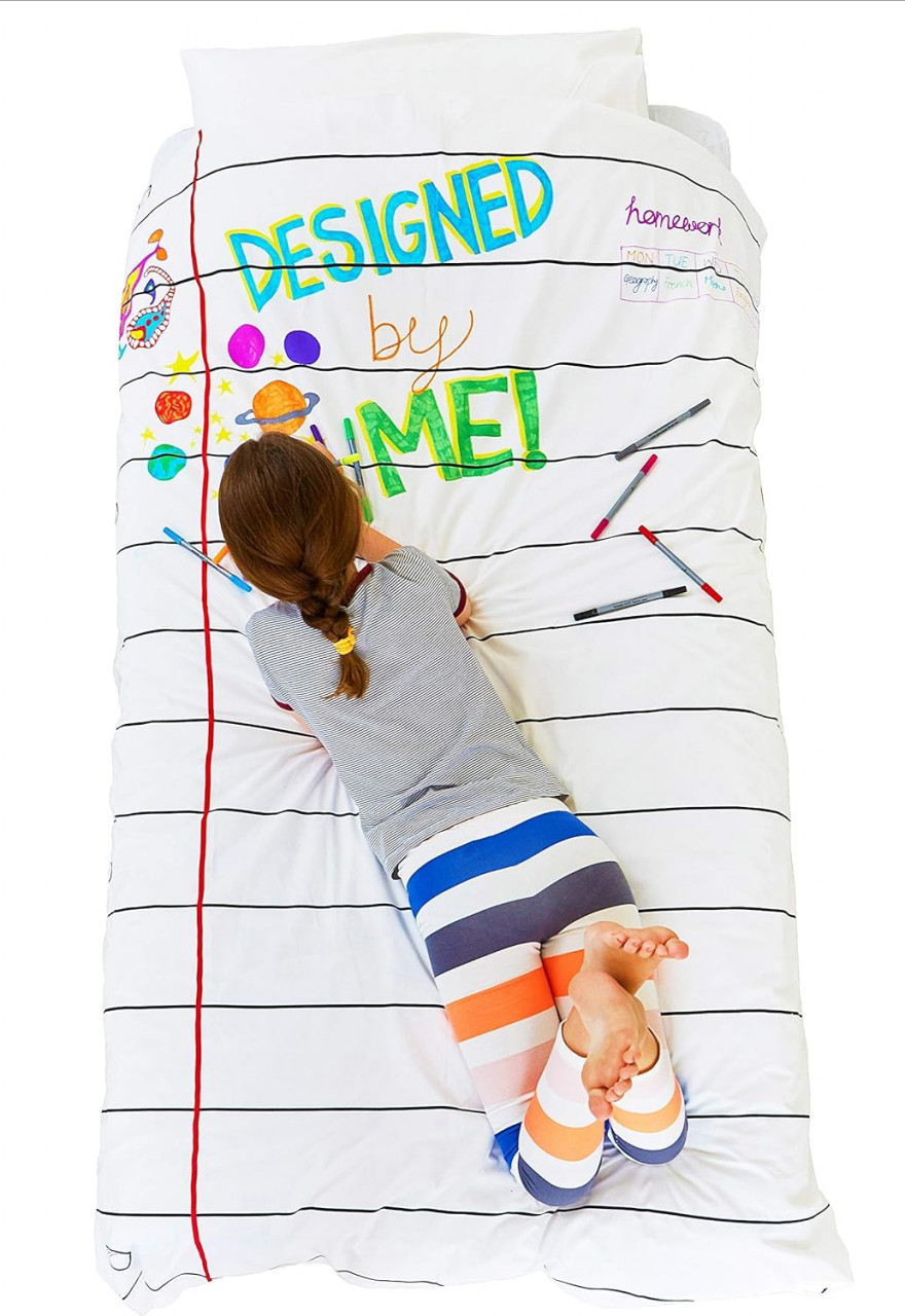 Cearsaf de pat cu 10 carioci lavabile Eatsleepdoodle, bumbac, multicolor, 173 x 218 cm