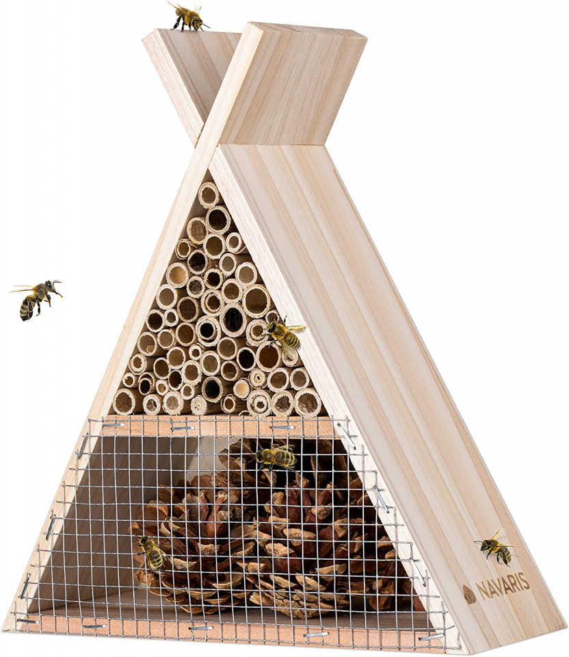 Cuib pentru albine Navaris, lemn/metal, natur, 22.5 x 21 x 8 cm 22.5 pret redus