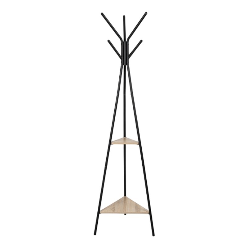 Cuier metalic tip pom KL Coly, 6 agatatori, de podea, cu spatiu depozitare, 49 x 49 x 181 cm, negru/natur