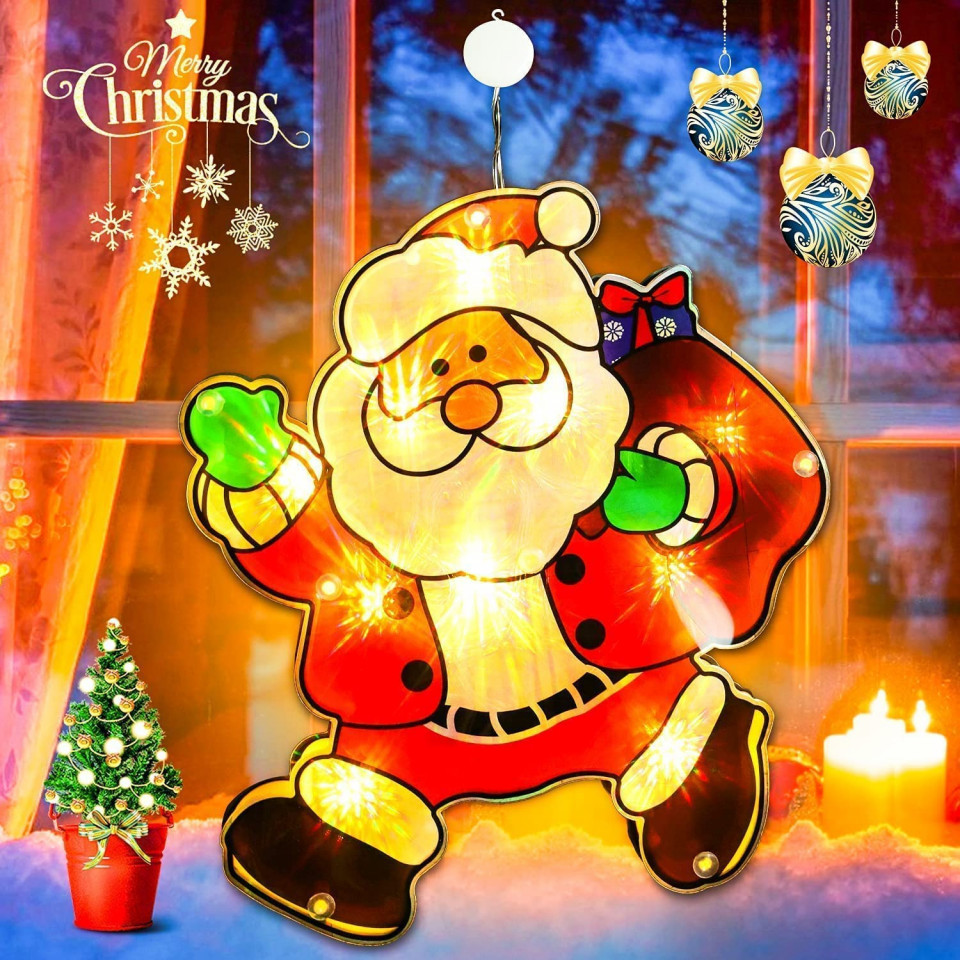 Decoratiune pentru geam Guizu, LED, model Mos Craciun, multicolor, 20 x 18 cm