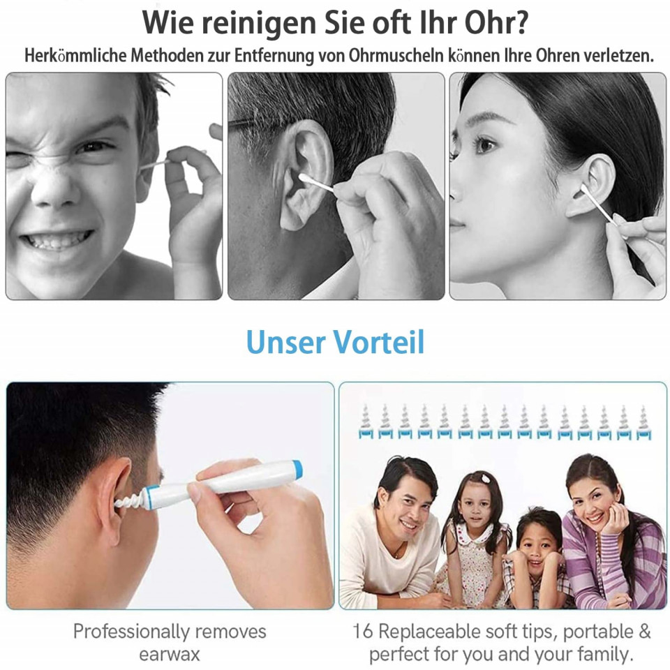 Dispozitiv pentru curatarea urechilor SharpCost, cu 16 varfuri, silicon/plastic, alb/albastru, 12,5 cm