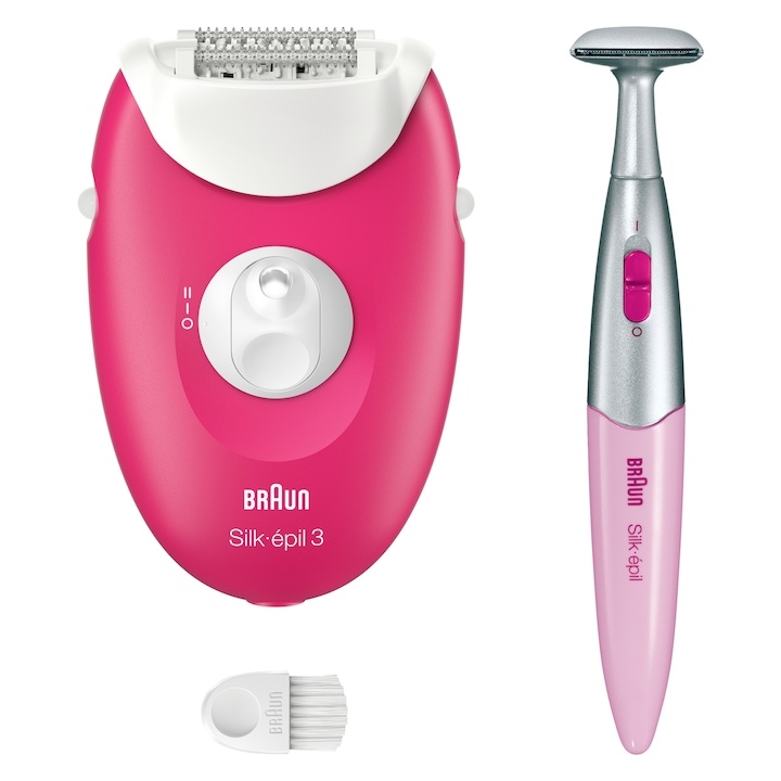 Epilator Braun Silk-épil 3 3-202, MicroGrip, Smart Light, 20 de pensete, 2 viteze, Trimmer, Fucsia, Resigilat, Grad A