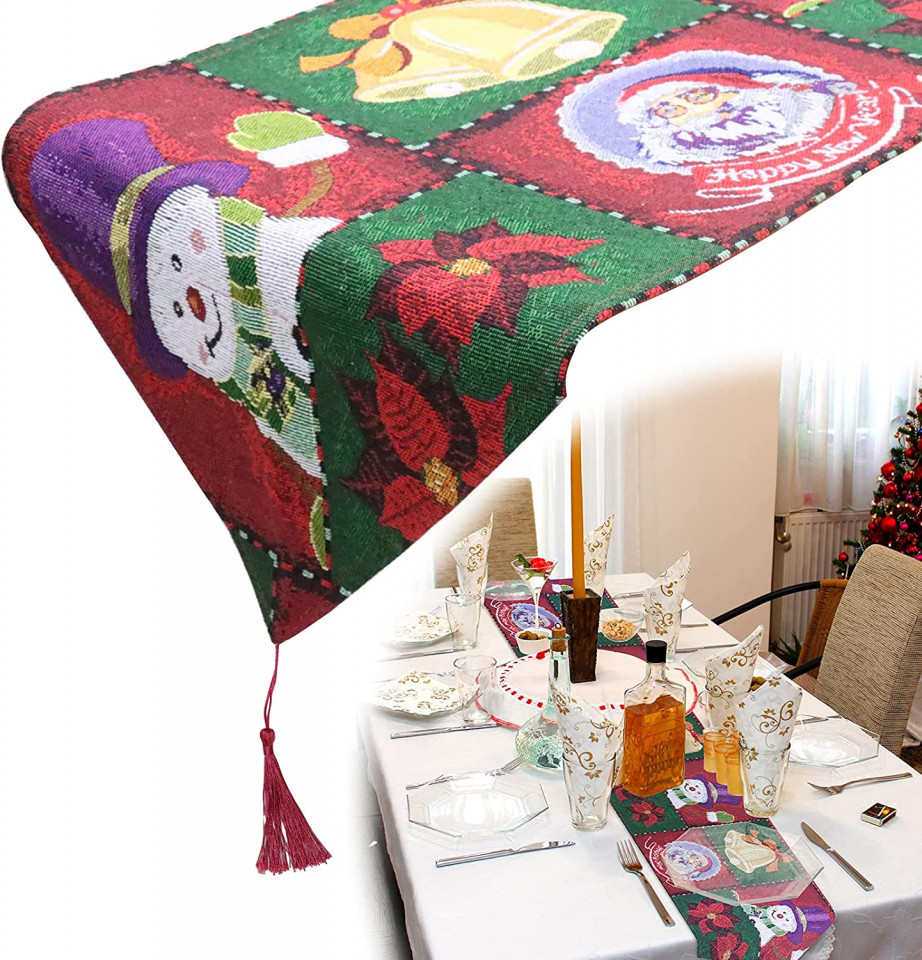 Fata de masa decorativa de Craciun Gxhong, multicolor, poliester, 180 x 33 cm