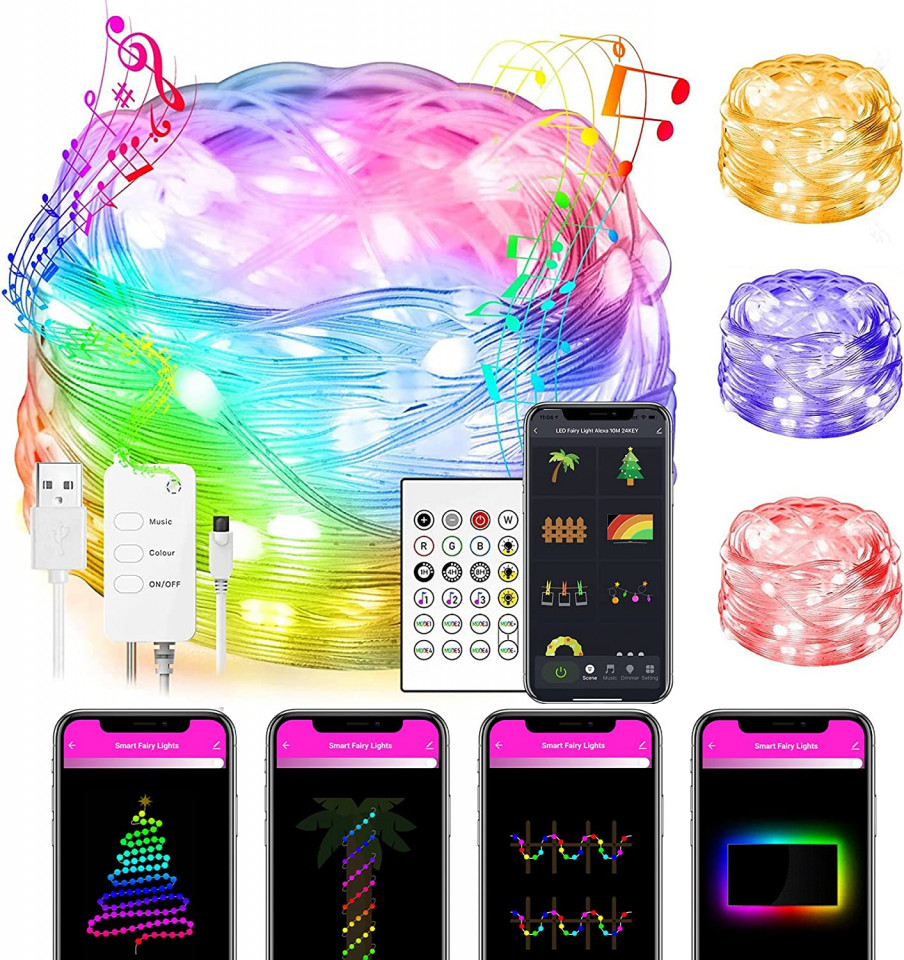 Ghirlanda de lumini cu telecomanda si aplicatie pe telefon YiKAiLi, multicolor, bluetooth, 66 LED-uri, 10 m aplicatie