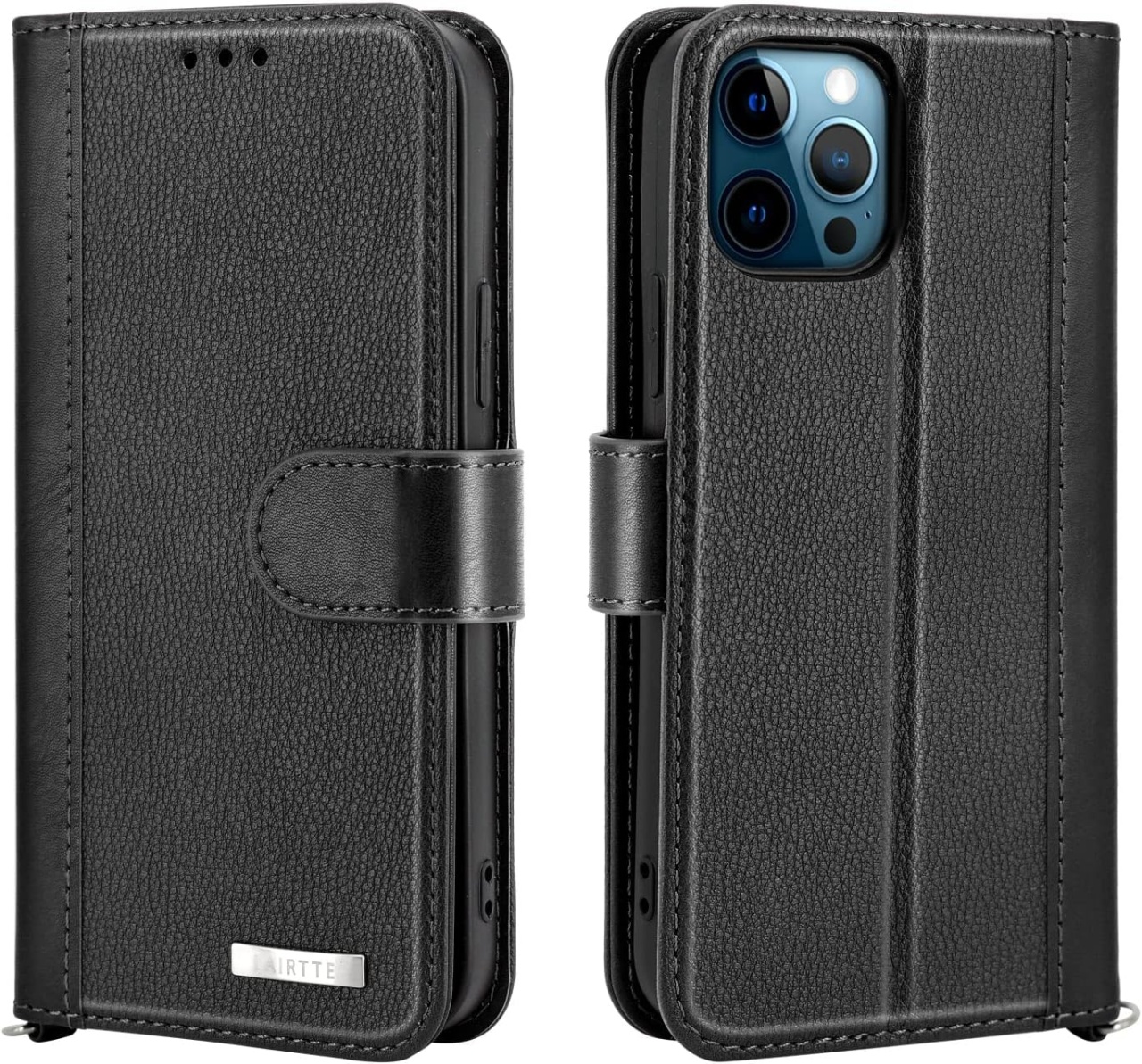 Husa de protectie flip pentru iPhone 12/12 Pro Lairtte, piele PU/TPU, negru, 6,1 inchi