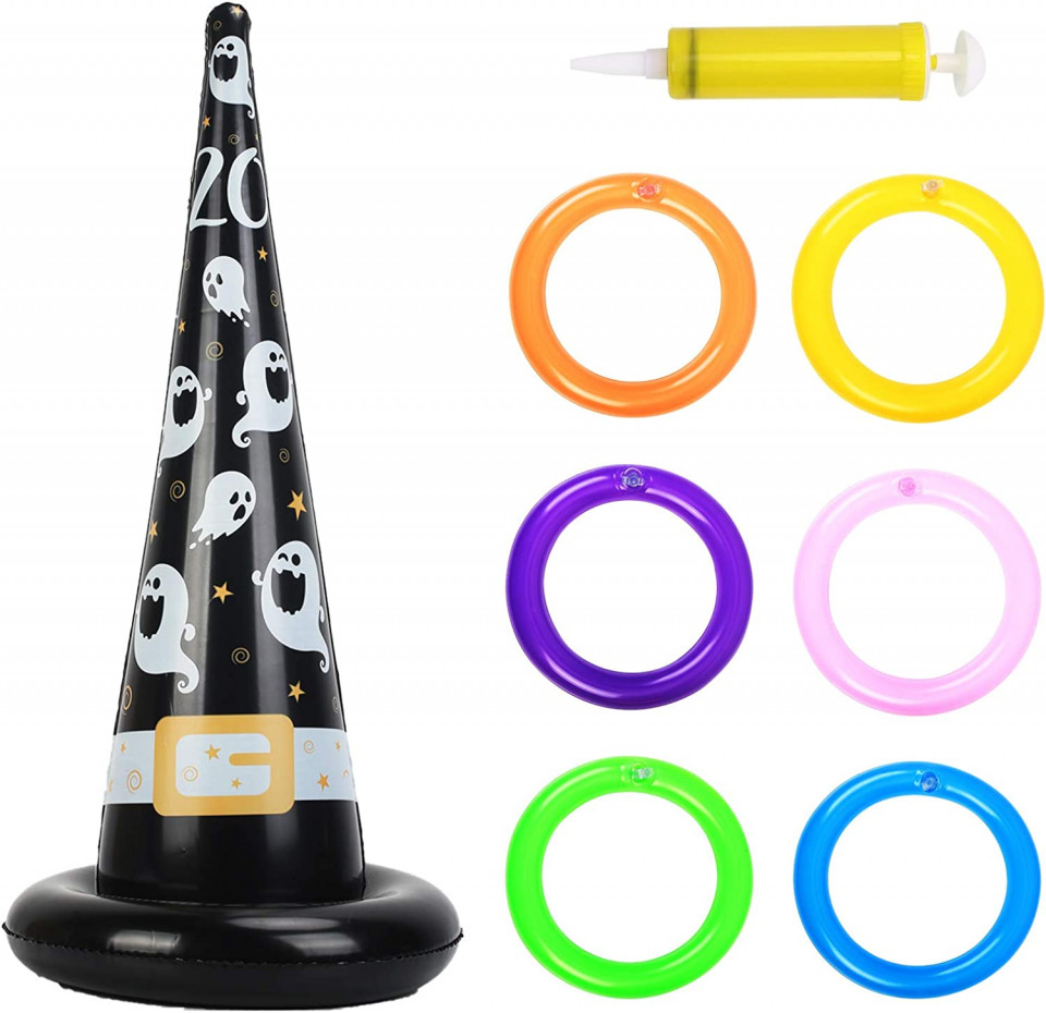 Joc de aruncare pentru Halloween cu palarie de vrajitoare si inele Zerhok, plastic, multicolor, 8 piese