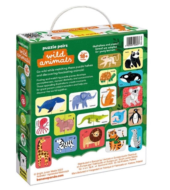 Joc tip puzzle pentru copii si bebelusi, Banana Panda, Puzzle Pairs Wild Animals, 36 piese, 18 imagini cu animale salbatice formate din 2 piese