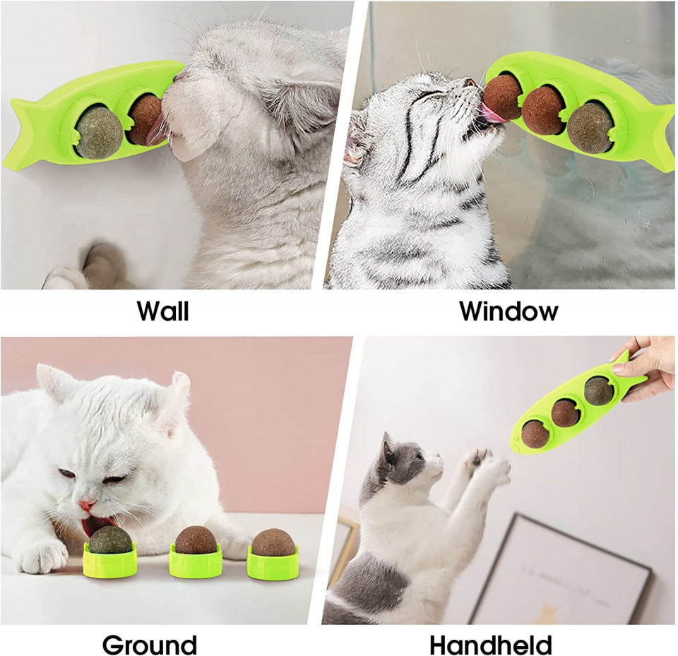 Jucarie cu bile pentru pisici MOMSIV, verde, 19 x 7 x 6 cm