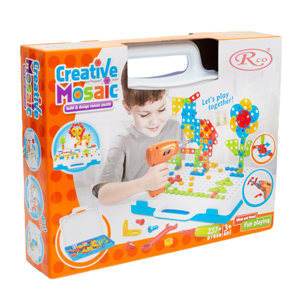 Jucarie educativa si interactiva STEM, set de constructie puzzle din ABS cu bormasina pentru inginerie 2D si 3D cu 237 piese, carcasa portabila, +3,