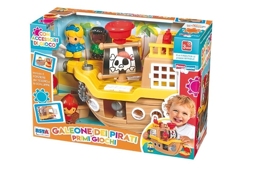 Jucarie interactiva si distractiva pentru bebelusi, Corabia Piratilor cu 3 figurine incluse, cufar cu comoara, barcuta de tras, ancora, turn de